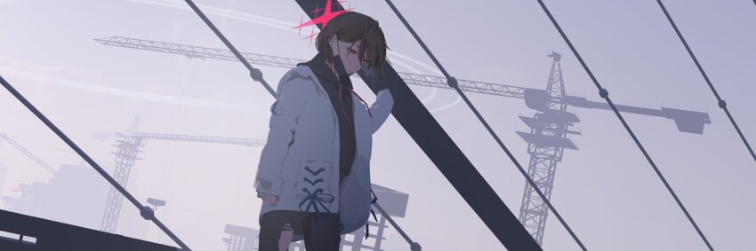 1girl absurdres bandaged_neck bandages black_hoodie black_mask blue_archive bridge crane_(machine) halo highres hood hoodie mask mask_pull misaki_(blue_archive) mouth_mask panorama pants red_halo solo surgical_mask tacshojosora torn_clothes torn_pants
