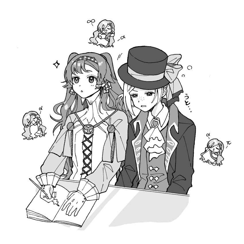 37_(reverse:1999) 3girls ascot boater_hat book bow checkered_hairband chibi chibi_inset cloak coat collared_shirt desk dress freckles glass_pen gloves greyscale hairband hat hat_bow high_collar highres holding holding_pen infinity_symbol long_hair long_sleeves monochrome multiple_girls open_book pen pi_(math) reverse:1999 rikini_sushi shirt side-by-side sleepy sonetto_(reverse:1999) two_side_up upper_body vertin_(reverse:1999) vest waistcoat white_background