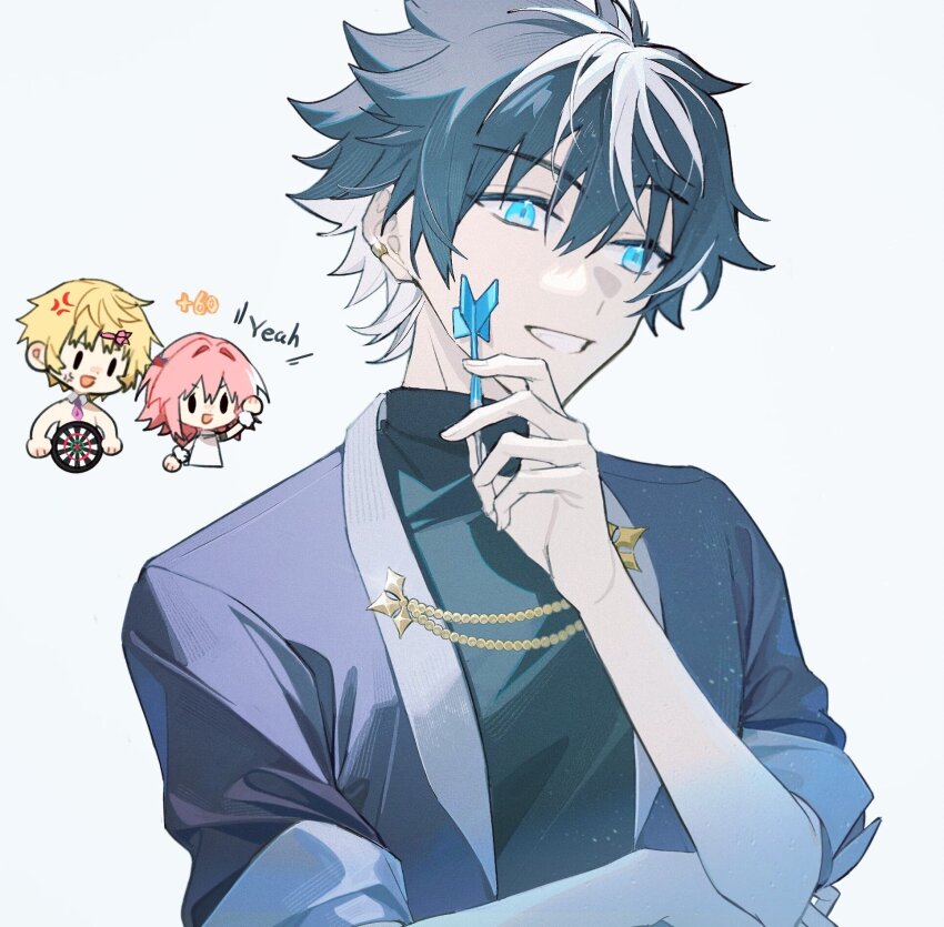 3boys anger_vein astolfo_(fate) black_hair black_sweater blonde_hair blue_eyes charlemagne_(fate) charlemagne_(three_in_the_black)_(fate) chibi dart dartboard earrings english_text fate/grand_order fate_(series) grey_jacket grin hair_between_eyes highres holding_dart idass_(idass16) jacket jewelry looking_to_the_side male_focus multicolored_hair multiple_boys pink_hair roland_(fate) short_hair simple_background sleeves_rolled_up smile solo_focus sweater turtleneck two-tone_hair upper_body white_background white_hair