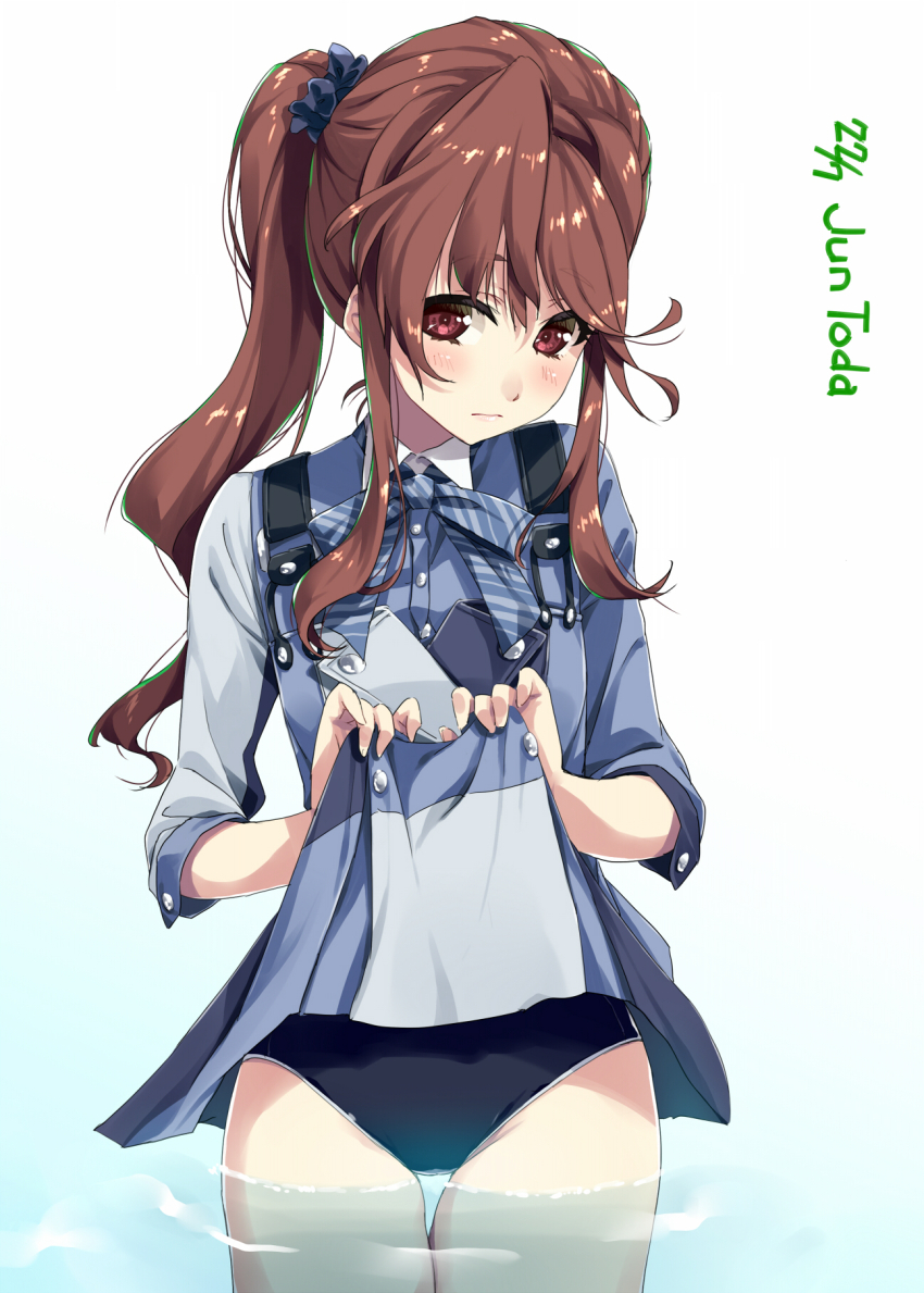 1girl 22/7 black_one-piece_swimsuit black_scrunchie blush bow bowtie brown_hair character_name closed_mouth clothes_lift cowboy_shot diagonal-striped_bow diagonal-striped_bowtie diagonal-striped_clothes dress dress_lift group_name hair_ornament hair_scrunchie high_side_ponytail highres kisairo_kaede lifting_own_clothes long_hair multicolored_dress one-piece_swimsuit partially_submerged scrunchie sidelocks simple_background solo standing striped_clothes swimsuit thigh_gap toda_jun wading white_background yes_to_no_no_aida_ni