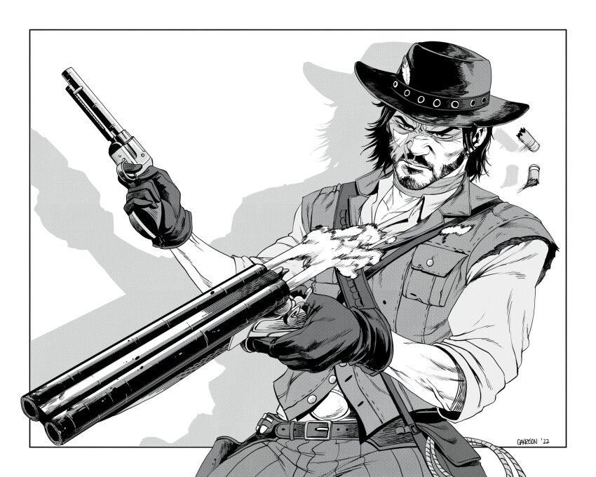 1boy absurdres beard belt commentary cowboy cowboy_hat cowboy_western decomposedtaco double-barreled_shotgun dual_wielding english_commentary facial_hair gloves greyscale gun handgun hat highres holding holster john_marston lasso male_focus monochrome red_dead_redemption red_dead_redemption_(series) revolver rope shirt shotgun shotgun_shell smoke solo thigh_holster vest weapon western