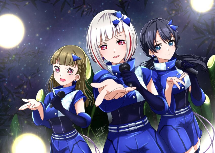 3girls :d alt_text asymmetrical_sleeves bamboo black_hair blue_gloves blue_jacket blue_shorts blue_thighhighs blush bob_cut braid brown_hair center-flap_bangs closed_mouth commentary_request cowboy_shot cropped_jacket diagonal_bangs dollchestra earrings elbow_gloves gloves hair_intakes hair_ornament highres holding holding_microphone inverted_bob jacket jewelry kachimachi_kosuzu ladybug/beauty_(love_live!) link!_like!_love_live! long_sleeves looking_at_viewer love_live! low_twintails microphone multicolored_hair multiple_girls murano_sayaka noochan_chonoda offering_hand official_alternate_costume open_mouth outstretched_arm red_hair short_sleeves shorts side_braids single_elbow_glove single_glove smile streaked_hair thighhighs twintails uneven_sleeves v-shaped_eyebrows virtual_youtuber white_hair yugiri_tsuzuri