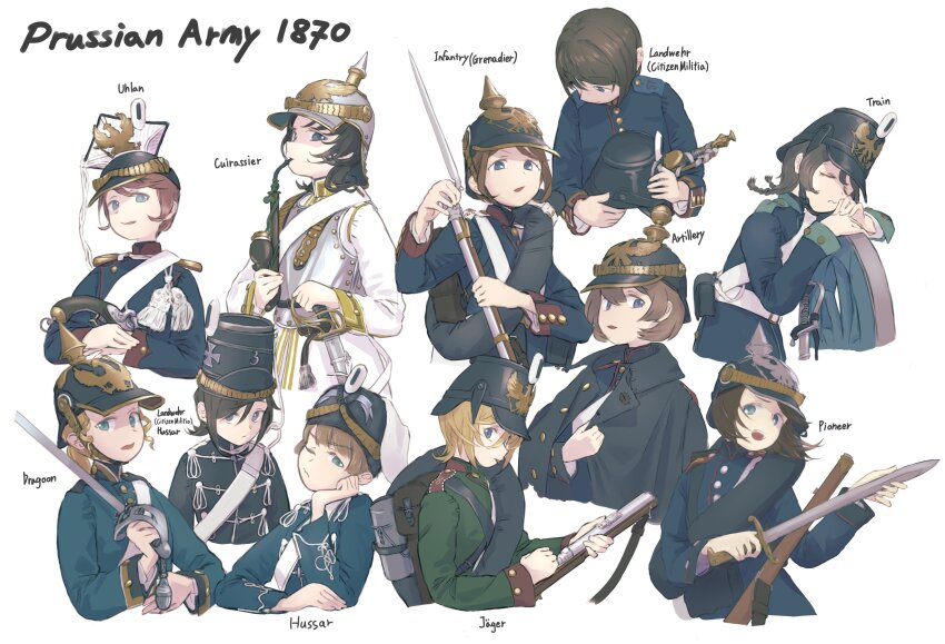 1870 6+girls :p @_@ absurdres ammunition_pouch antique_firearm arm_rest armor backpack bag bayonet bedroll belt black_belt black_coat black_hair black_jacket blonde_hair blue_eyes blue_jacket braid breastplate brown_bag brown_hair buttons canteen cavalry_sword chest_armor chin_strap closed_eyes closed_mouth coat combat_helmet combat_knife cropped_torso cuirass cuirassier doodles double-breasted dragoon dreyse_m1841 english_text firearm firelock flintlock german_text glaring gold_trim green_eyes green_jacket gun gun_sling hair_between_eyes handgun hat hat_ornament helmet highres holding holding_gun holding_headgear holding_knife holding_weapon hussar insignia jacket karasumi_(sumizono) knife leaning leaning_on_object leaning_to_the_side load_bearing_equipment long_hair long_sleeves looking_at_viewer looking_down low_twin_braids matchlock military military_hat military_jacket military_uniform multiple_girls musket one_eye_closed open_mouth original pickelhaube plume pouch prussia purple_eyes red_trim rifle saber_(weapon) scabbard sheath sheathed shirt short_hair shoulder_boards simple_background soldier standing sword teeth tongue tongue_out twin_braids uhlan upper_body upper_teeth_only v-shaped_eyebrows wavy_mouth weapon white_background white_belt white_jacket white_shirt wrist_cuffs