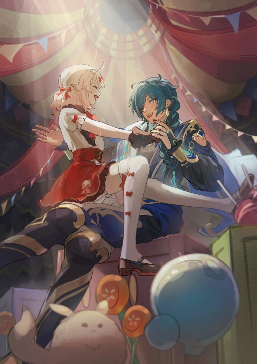 1boy 1girl absurdres aji_11300913 black_boots black_gloves black_nails black_shirt black_shoes blonde_hair blue_eyes blue_robe boots bow box closed_eyes commentary_request creature earrings eyepatch feet_out_of_frame from_side full_body genshin_impact gloves hair_bow highres jewelry kaeya_(genshin_impact) kaeya_(sailwind_shadow)_(genshin_impact) klee_(blossoming_starlight)_(genshin_impact) klee_(genshin_impact) long_hair looking_at_another medium_hair official_alternate_costume open_mouth pointy_ears red_bow red_skirt robe shirt shoes sitting sitting_on_person skirt smile sunlight thighhighs white_shirt white_thighhighs