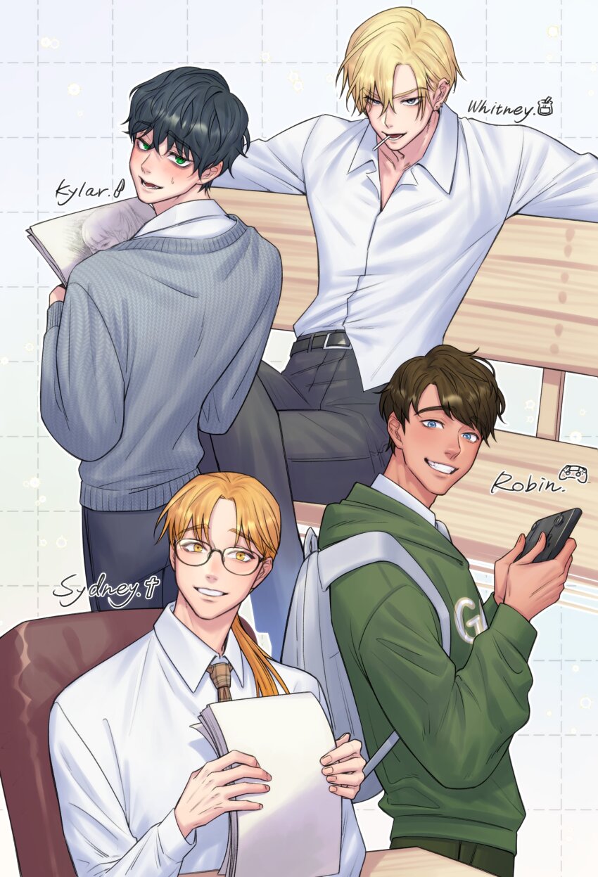 4boys absurdres bench black_hair black_pants blonde_hair blue_eyes boukun927 brown_hair character_name collared_shirt crossed_legs degrees_of_lewdity glasses green_eyes green_jacket grey_sweater grid_background grin handheld_game_console highres holding holding_handheld_game_console holding_paper jacket kylar_(degrees_of_lewdity) kylar_(male)_(degrees_of_lewdity) long_hair looking_at_viewer male_focus multiple_boys necktie orange_eyes pants paper park_bench ponytail robin_(degrees_of_lewdity) robin_(male)_(degrees_of_lewdity) shirt short_hair sitting smile sweater sydney_(degrees_of_lewdity) sydney_(male)_(degrees_of_lewdity) white_shirt whitney_(degrees_of_lewdity) whitney_(male)_(degrees_of_lewdity)