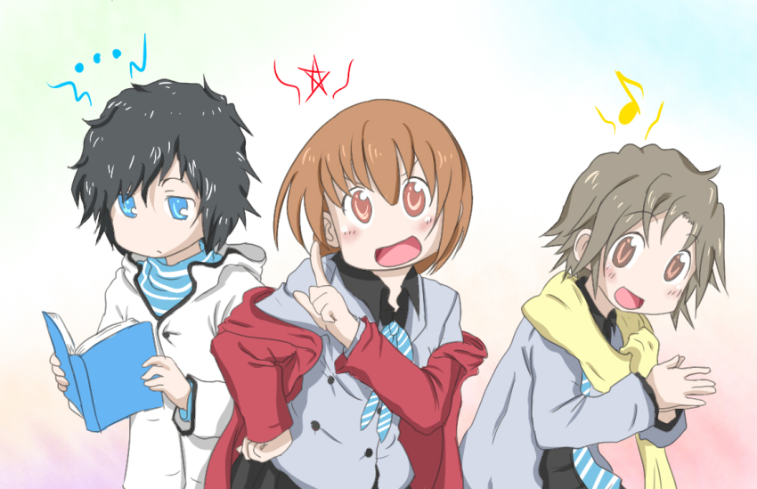 ... 2boys black_hair blue_eyes blush book brown_eyes brown_hair devil_survivor_(series) devil_survivor_2 expressionless jacket kuze_hibiki multiple_boys necktie nichijou nitta_io open_mouth parody scarf shijima_daichi smile style_parody