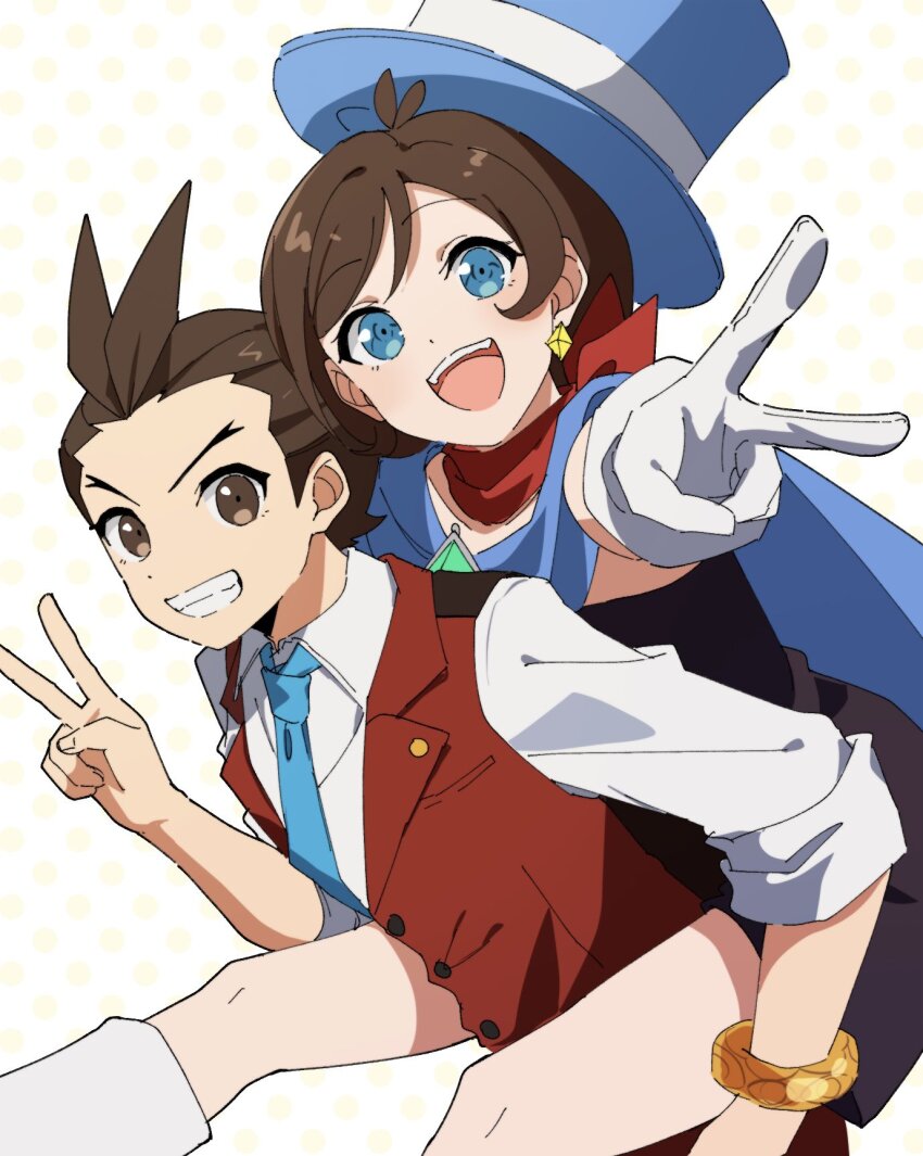 1boy 1girl ace_attorney apollo_justice apollo_justice:_ace_attorney black_dress blue_cape blue_eyes blue_hat blue_necktie bracelet brown_eyes brown_hair cape carrying collared_shirt commentary_request dress formal_clothes gloves gold_bracelet hat highres jewelry maka_gtsb necktie piggyback red_scarf red_suit scarf shirt simple_background smile suit teeth trucy_wright v v-shaped_eyebrows white_background white_gloves white_shirt