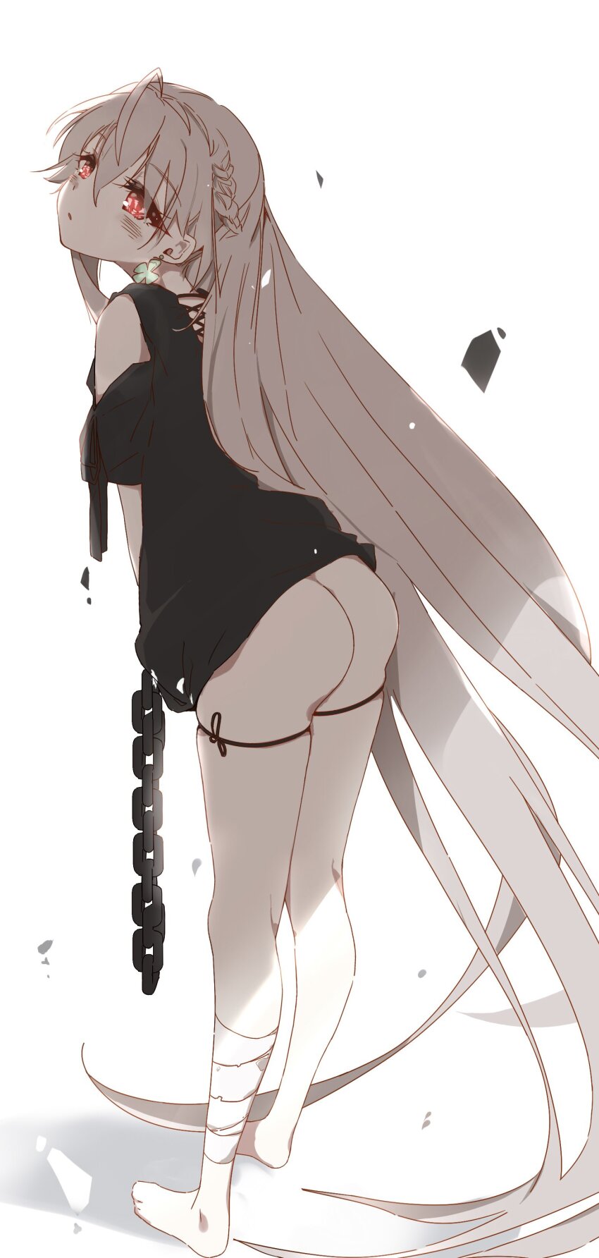 1girl absurdly_long_hair absurdres ahoge alternate_hair_length alternate_hairstyle ando_tazusa ass assault_lily bandaged_leg bandages bare_legs bare_shoulders barefoot black_dress black_ribbon blush braid broken broken_chain chain clothes_lift clothing_cutout clover_earrings cross-laced_clothes cross-laced_dress debris dress dress_lift earrings four-leaf_clover_earrings from_behind full_body grey_hair hair_between_eyes half_up_braid highres jewelry kuro_ula leaning_forward leg_ribbon long_hair looking_at_viewer looking_back no_panties parted_bangs red_eyes ribbon shade short_sleeves shoulder_cutout simple_background solo standing thigh_ribbon very_long_hair white_background