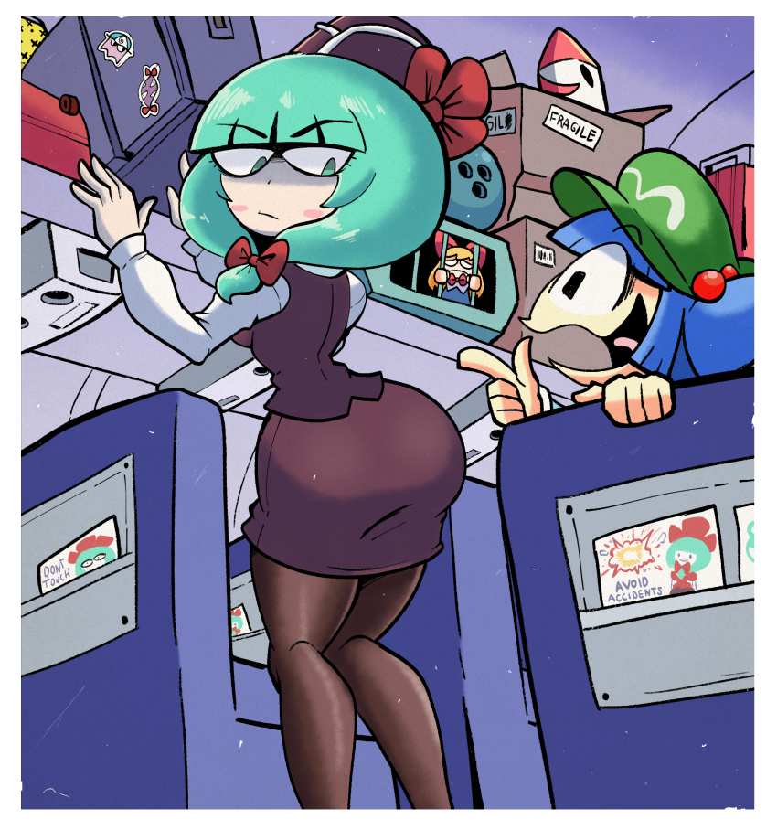 2girls aircraft airplane ass bag ball blue_hair bowling_ball box brown_pantyhose brown_skirt front_ponytail gap_(touhou) green_eyes green_hair green_hat hair_bobbles hair_ornament hair_ribbon hat highres kagiyama_hina kawashiro_nitori kevin_arthur mimi-chan multiple_girls newsboy_cap open_mouth pac-man_(game) pants pants_under_skirt pantyhose ribbon saigyouji_yuyuko serious shanghai_doll skirt sticker tongue tongue_out touhou travel_attendant
