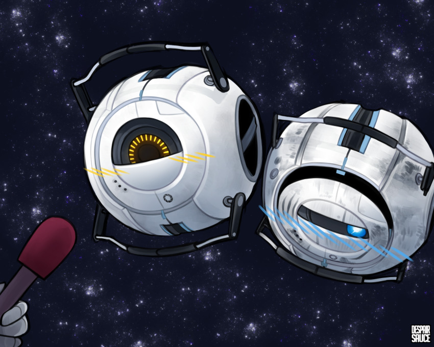 blue_eyes blush despair_sauce glados half-closed_eye highres holding holding_microphone meme microphone portal portal_(series) portal_2 robot space textless_version translation_request wheatley yellow_eyes