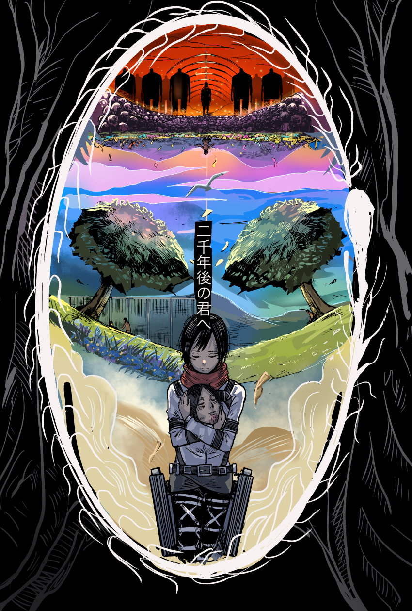 1boy 1girl absurdres age_progression akuma_no_ko_(shingeki_no_kyojin) artist_request closed_eyes colossal_titan death disembodied_head eren_yeager feet_out_of_frame field flower flower_field founding_titan highres hug in_tree legs_together mikasa_ackerman mourning scarf shingeki_no_kyojin skull spine_eren spoilers standing sunlight titan_(shingeki_no_kyojin) tree