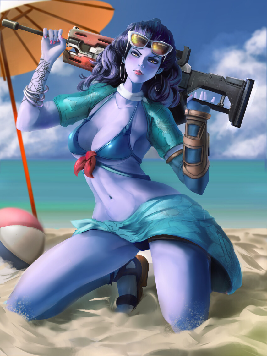 1girl absurdres aqua_sleeves arm_tattoo ball beach beach_umbrella beachball bikini blue_bikini blue_sky blurry blurry_background blush bow breasts choker cloud cloudy_sky collarbone colored_skin commentary detached_sleeves earrings elliemaplefox english_commentary eyewear_on_head gun highres holding holding_gun holding_weapon hoop_earrings jewelry kneeling long_hair looking_at_viewer medium_breasts navel ocean overwatch parted_lips pink_nails purple_hair purple_skin red_bow red_lips ribs sand sandals see-through_clothes see-through_sleeves short_sleeves sky solo stomach swimsuit tattoo tinted_eyewear umbrella weapon white_choker white_umbrella widowmaker_(overwatch) yellow-tinted_eyewear yellow_eyes