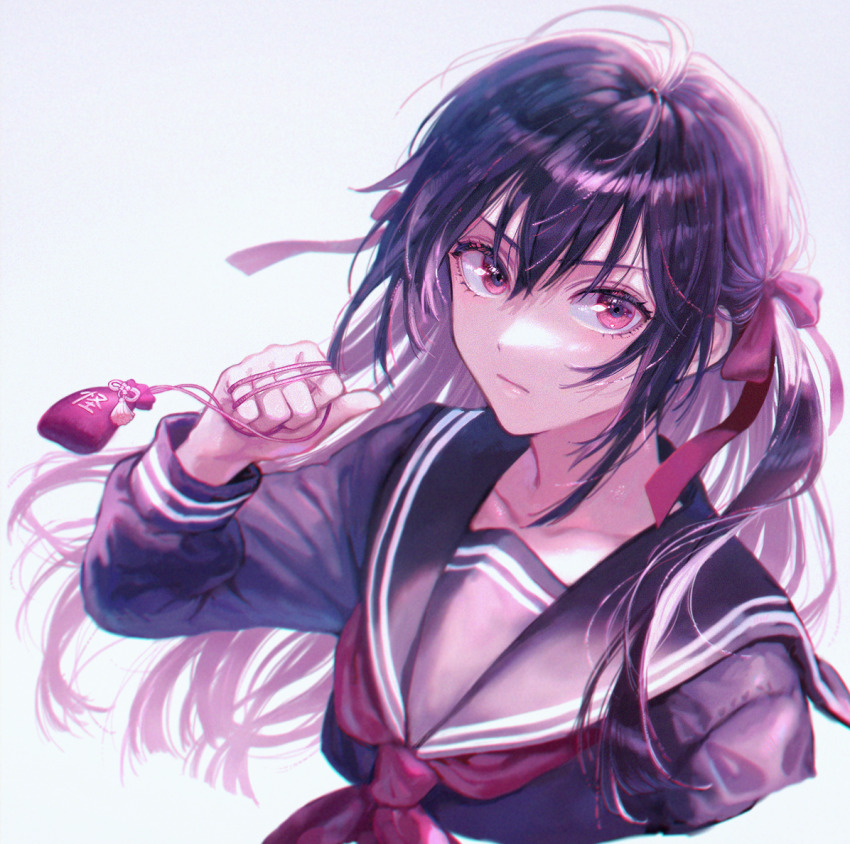 1girl black_hair black_sailor_collar black_serafuku black_shirt collarbone commentary_request grey_background hair_between_eyes hair_ribbon hand_up himeno_mikoto holding kaii_shoukougun long_hair long_sleeves looking_at_viewer neckerchief nyam_030 red_eyes red_neckerchief red_ribbon ribbon sailor_collar school_uniform serafuku shirt solo two_side_up upper_body white_background