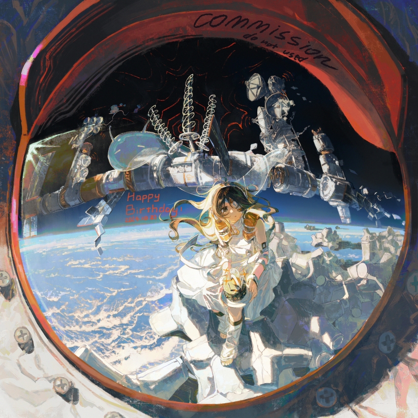 1girl absurdres artist_request birthday_cake black_eyes black_hair cake commission dated dress earth_(planet) fisheye food happy_birthday highres holding holding_plate long_hair original parted_lips planet plate reflection reflection_focus round_image second-party_source sitting sleeveless solo space space_station two-handed white_dress wide_shot wind