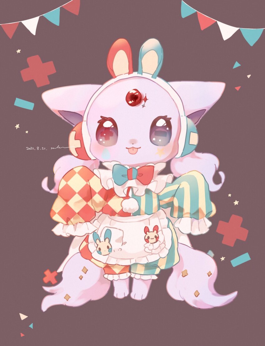 1girl :3 :p animal_ears animal_hands apron argyle_clothes blue_bow blue_eyes bow cat_ears cat_girl clown creatures_(company) espeon forehead_jewel frills full_body furry furry_female game_freak gem gen_2_pokemon gen_3_pokemon headphones heterochromia highres long_sleeves looking_at_viewer minun minus_sign mkt_(buizu-miki) multiple_tails nintendo plus_sign plusle pokemon pokemon_(creature) puffy_shorts rabbit_ears red_bow red_eyes red_gemstone short_twintails shorts simple_background sleeves_past_fingers sleeves_past_wrists solo standing striped_clothes symbol-shaped_pupils tail tongue tongue_out twintails two-tone_shirt two_tails white_apron