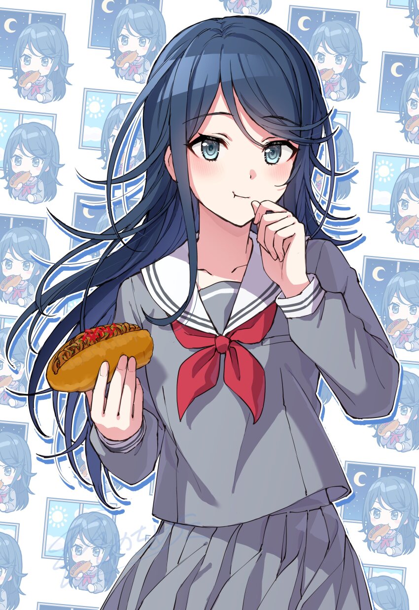 1girl :t absurdres black_hair blue_eyes blush chibi chibi_inset collarbone commentary_request cowboy_shot day eating food food_in_mouth grey_serafuku grey_shirt grey_skirt hand_up highres holding holding_food hoshino_ichika_(project_sekai) long_hair long_sleeves miyamasuzaka_girls&#039;_academy_school_uniform neckerchief night pleated_skirt project_sekai red_neckerchief sailor_collar school_uniform serafuku shirt sidelocks skirt solo somechime_(sometime1209) swept_bangs white_sailor_collar window yakisobapan