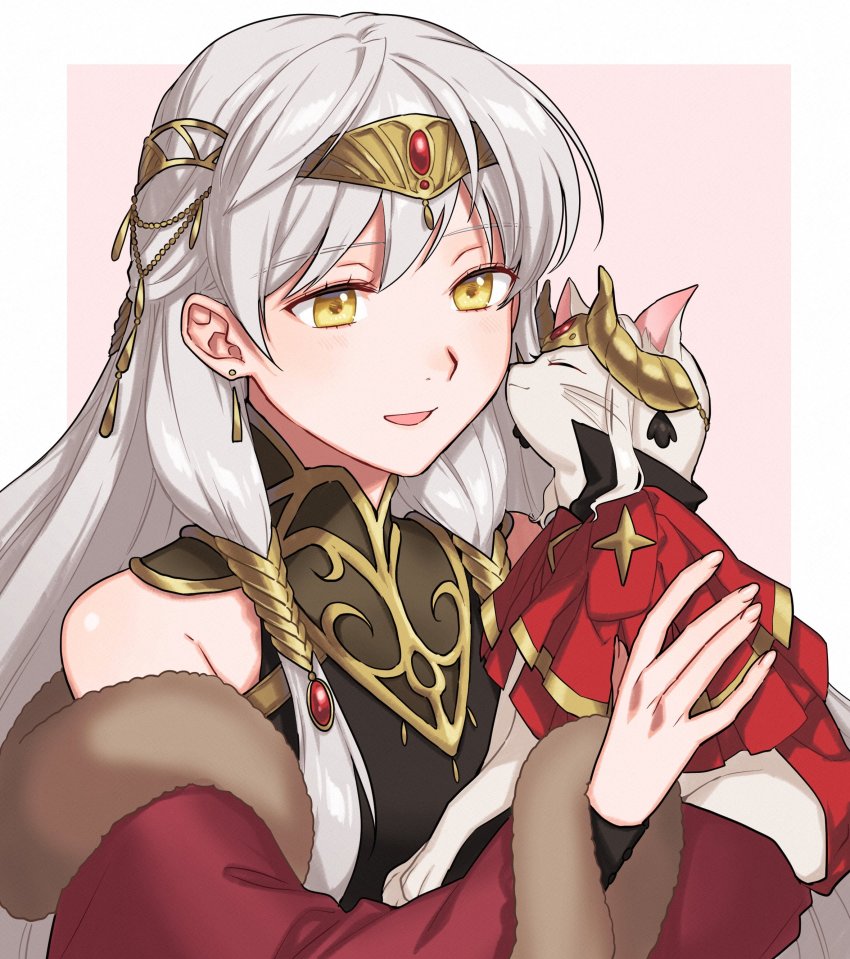 2girls absurdres animal animal_ears bare_shoulders breasts cape cat commission detached_sleeves dress edelgard_von_hresvelg edelgard_von_hresvelg_(timeskip) fingerless_gloves fire_emblem fire_emblem:_radiant_dawn fire_emblem:_three_houses gloves hair_ornament highres horn_ornament horns long_hair long_sleeves micaiah_(fire_emblem) micaiah_(radiant_queen)_(fire_emblem) multiple_girls nintendo open_mouth red_cape second-party_source shamu_(peach11_01) sidelocks small_breasts smile turtleneck turtleneck_dress white_hair yellow_eyes