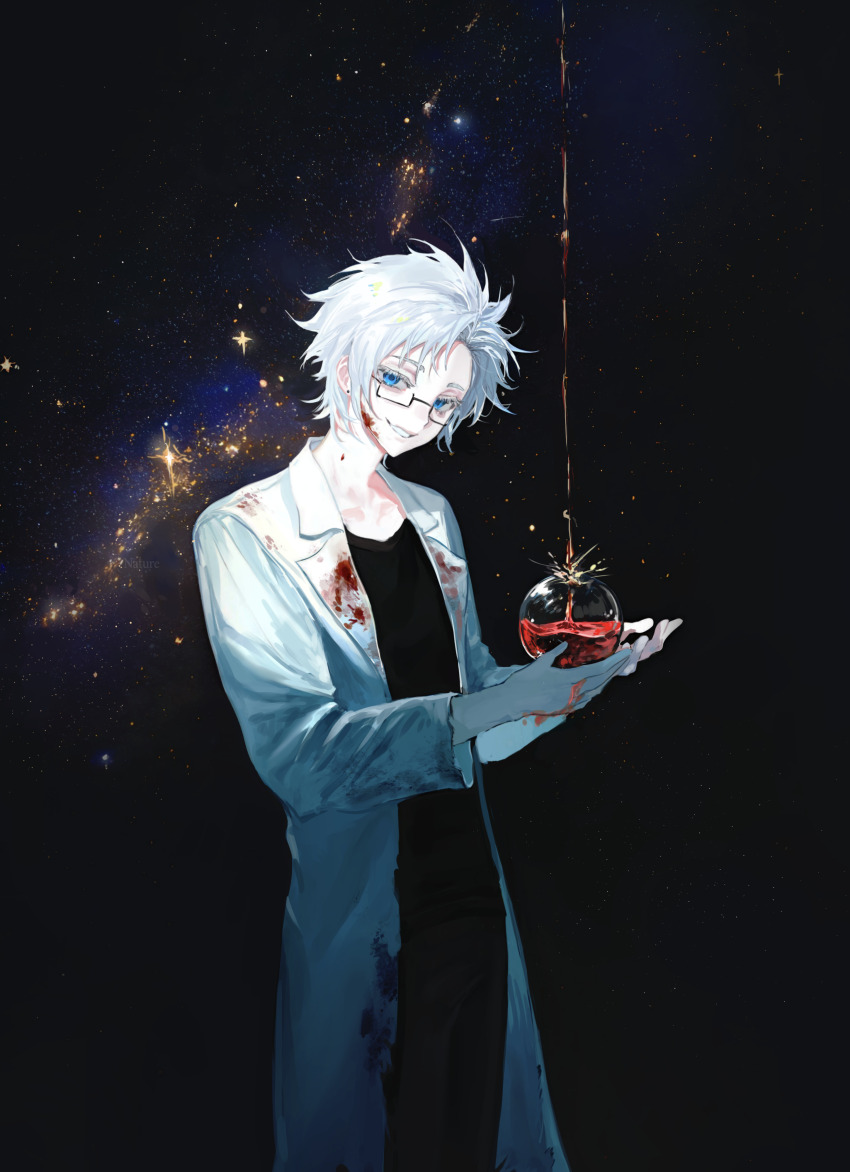 1boy absurdres black_pants black_shirt blood blood_on_clothes blood_on_face blue_eyes chinese_commentary commentary_request cowboy_shot eyelashes glasses highres holding_orb kanou_aogu lab_coat lapels male_focus nature-n notched_lapels open_clothes pants rectangular_eyewear saibou_shinkyoku semi-rimless_eyewear shirt short_hair smile solo space white_hair