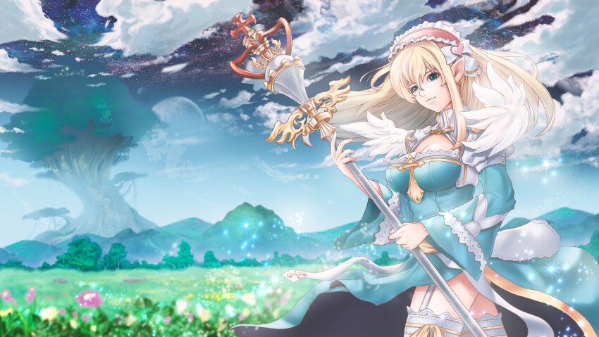 1girl arch_bishop_(ragnarok_online) blonde_hair blue_dress bow breasts cleavage cleavage_cutout closed_mouth clothing_cutout cloud cowboy_shot crosier cross danuuu day dress field flower flower_field forest frilled_hairband frills garter_straps green_eyes hair_bow hair_ornament hairband heart heart_hair_ornament highres holding holding_staff juliet_sleeves large_breasts long_hair long_sleeves looking_at_viewer nature outdoors pink_flower pink_hairband planet pointy_ears puffy_sleeves ragnarok_online sash sky smile solo staff star_(sky) starry_sky thighhighs tree two-tone_dress white_bow white_dress white_thighhighs yellow_sash yggdrasil