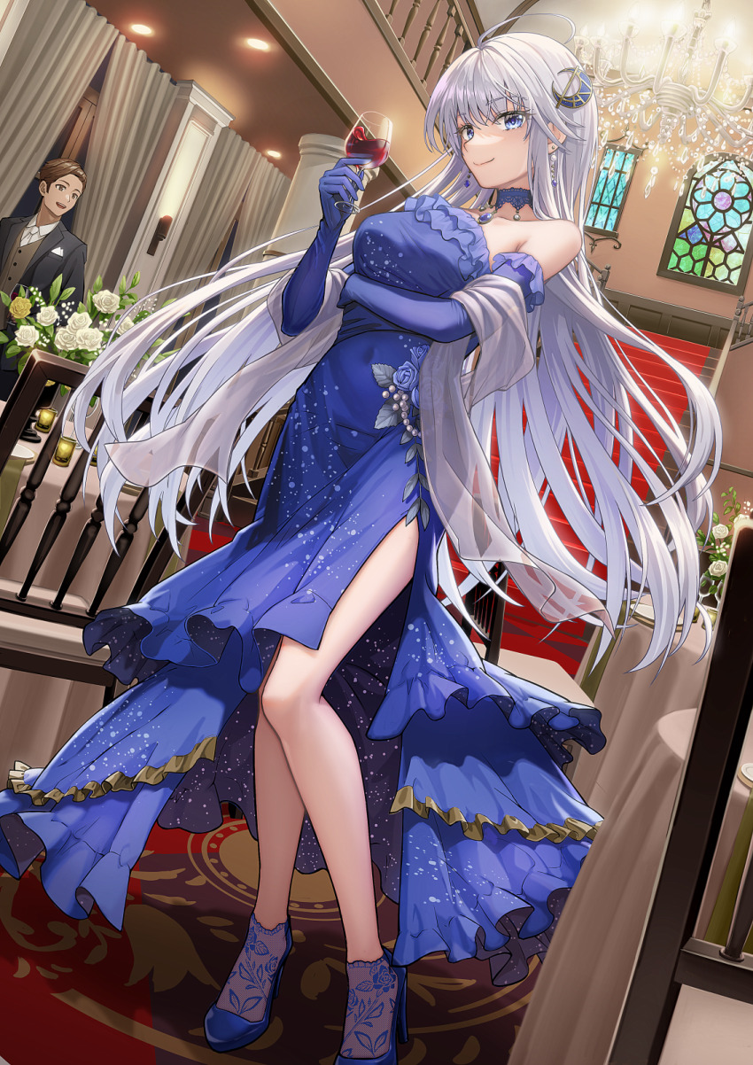 1boy 1girl ahoge alcohol bare_shoulders blue_choker blue_dress blue_eyes blue_flower blue_gloves blue_rose blue_shoes breasts chandelier choker closed_mouth commentary_request commission crescent crescent_hair_ornament cup curtains dress drinking_glass dutch_angle earrings elbow_gloves evening_gown floating_hair flower frilled_dress frills full_body gloves hair_ornament hand_up high_heels highres holding holding_cup indoors jewelry legs long_dress long_hair looking_at_another looking_at_viewer macha0331 original pearl_earrings pixiv_commission red_wine rose shoes side_slit smile solo_focus standing strapless strapless_dress very_long_hair white_flower white_hair white_rose window wine wine_glass