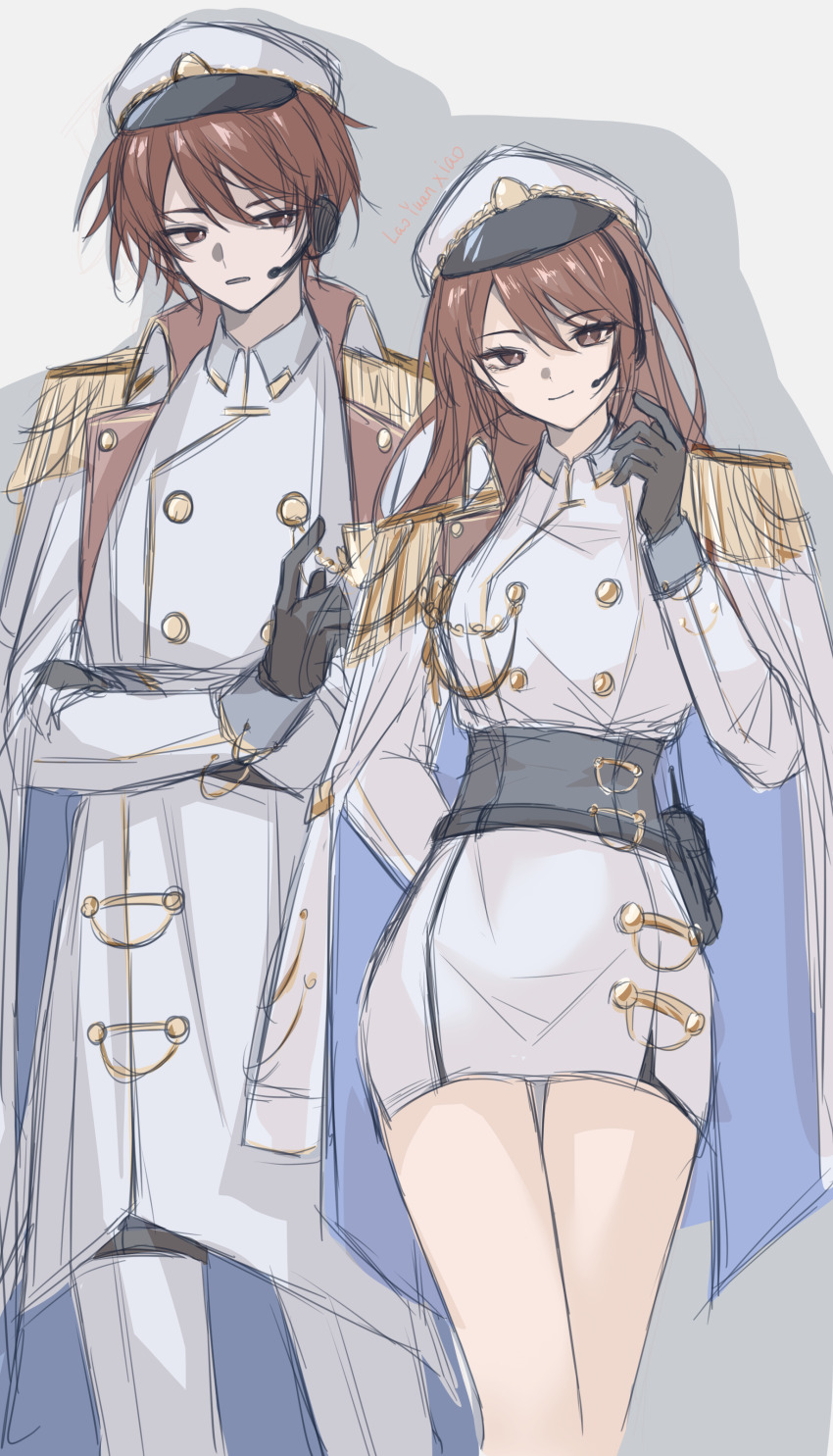 1boy 1girl absurdres black_gloves captain_(honkai_impact) chinese_commentary closed_mouth coat collared_cape commentary_request crossed_arms dress dual_persona formal_clothes genderswap genderswap_(mtf) gloves grey_background hair_between_eyes hat head_tilt headset highres honkai_(series) honkai_impact_3rd light_smile long_hair long_sleeves looking_at_viewer looking_to_the_side open_mouth pants red_eyes red_hair shade shadow short_hair skirt standing suit thighs white_coat white_dress white_pants white_suit youzhabingkuai57294