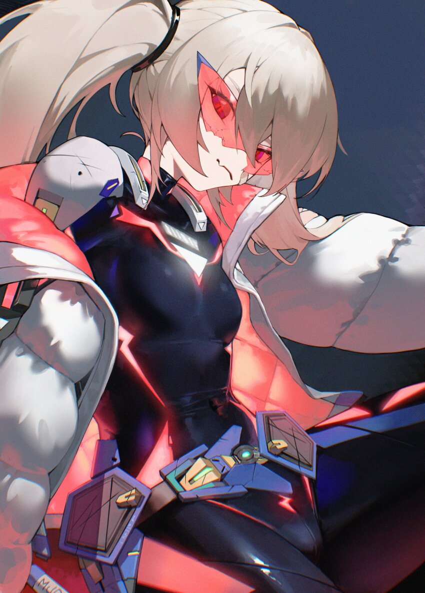 1girl absurdres armor armored_bodysuit belt black_bodysuit blonde_hair blue_background blue_belt bodysuit breasts closed_mouth coat commentary cowboy_shot english_commentary fang from_side glowing_bodysuit glowing_clothes goddess_of_victory:_nikke highres kimkichun laplace_(nikke) long_hair looking_at_viewer official_alternate_design open_clothes open_coat orange_coat padded_coat shoulder_armor simple_background skin_fang skin_tight small_breasts solo tinted_eyewear triangular_eyewear twintails two-sided_coat two-sided_fabric white_coat winter_clothes winter_coat