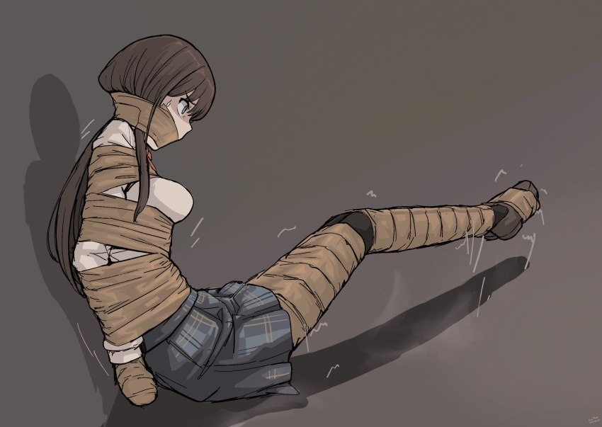 1girl arms_behind_back bdsm bondage bound gag gagged grafhou hasekura_reiri highres improvised_gag solo struggling sweatdrop tape tape_bondage tape_gag taped_arms taped_fingers taped_hands taped_legs toaru_kagaku_no_railgun toaru_majutsu_no_index