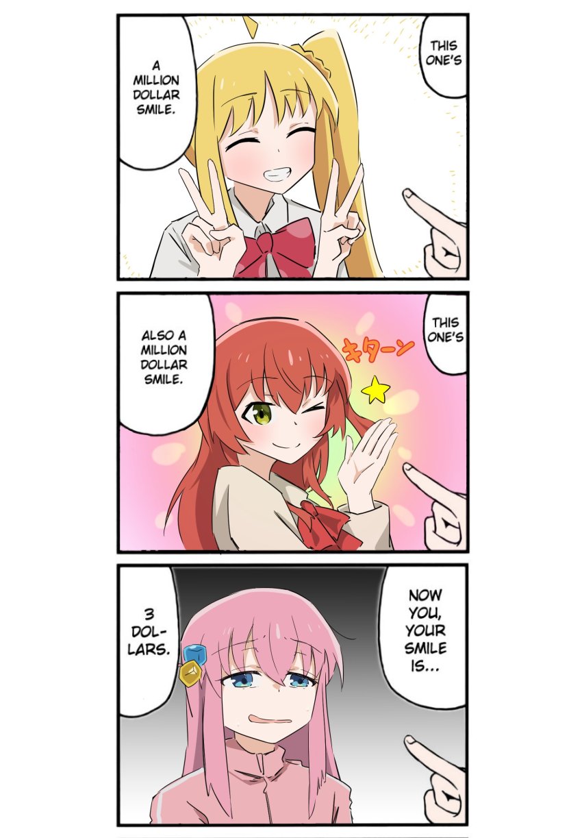 3koma absurdres ahoge blonde_hair blue_eyes bocchi_the_rock! bow closed_eyes closed_mouth collared_shirt comic cube_hair_ornament detached_ahoge double_v english_text gotoh_hitori green_eyes hair_between_eyes hair_ornament highres homu_(homuplush) ijichi_nijika jacket kita_ikuyo long_hair long_sleeves meme one_eye_closed one_side_up open_mouth pink_hair pink_jacket pointing red_bow red_eyes red_hair sailor_collar school_uniform shirt side_ponytail sidelocks smile track_jacket v white_sailor_collar white_shirt