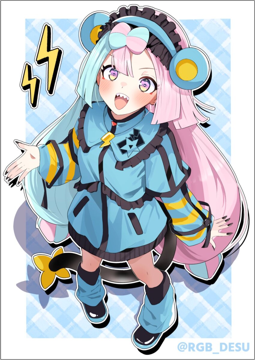 alternate_costume blue_hair cosplay gen_4_pokemon iono_(pokemon) long_hair multicolored_hair nintendo open_mouth pink_hair pokemon pokemon_sv rogobo_(rgb_0127) sharp_teeth shinx shinx_(cosplay) teeth two-tone_hair very_long_hair