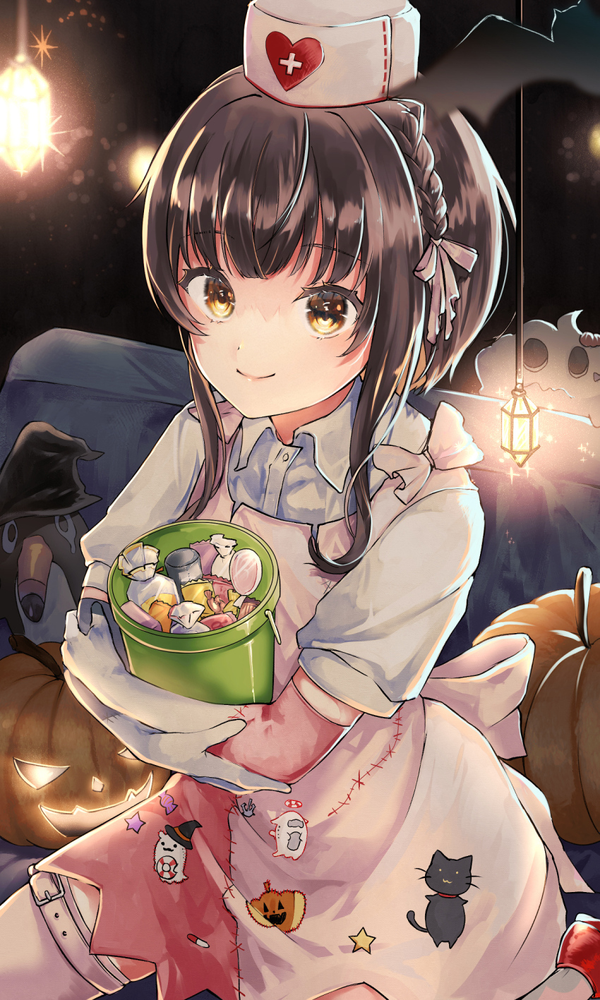 1girl bat_(animal) black_hair braid brown_eyes bucket candy crown_braid dress elbow_gloves failure_penguin food gloves halloween halloween_costume hat highres holding kantai_collection kouga_(mutsumi) looking_at_viewer miss_cloud nurse nurse_cap official_alternate_costume ribbon short_hair short_sleeves sidelocks sitting smile sparkle star_(symbol) thighhighs ukuru_(halloween)_(kancolle) ukuru_(kancolle) white_hat white_ribbon white_thighhighs