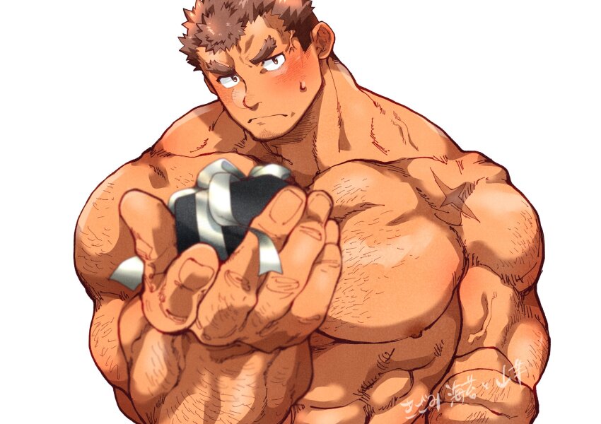 1boy abs anger_vein arm_hair bara blush broad_shoulders brown_hair chest_hair dark-skinned_male dark_skin facial_hair forked_eyebrows gift goatee goatee_stubble hairy head_tilt highres holding holding_gift incoming_gift kizami_nori_to_yamaimo large_hands large_pectorals looking_at_viewer male_focus mature_male muscular muscular_male nervous nervous_sweating nipples nude pectorals scar scar_on_shoulder scar_on_shoulders short_hair sideburns solo stomach stubble sweat takabushi_kengo thick_eyebrows tokyo_houkago_summoners upper_body v-shaped_eyebrows veins veiny_arms