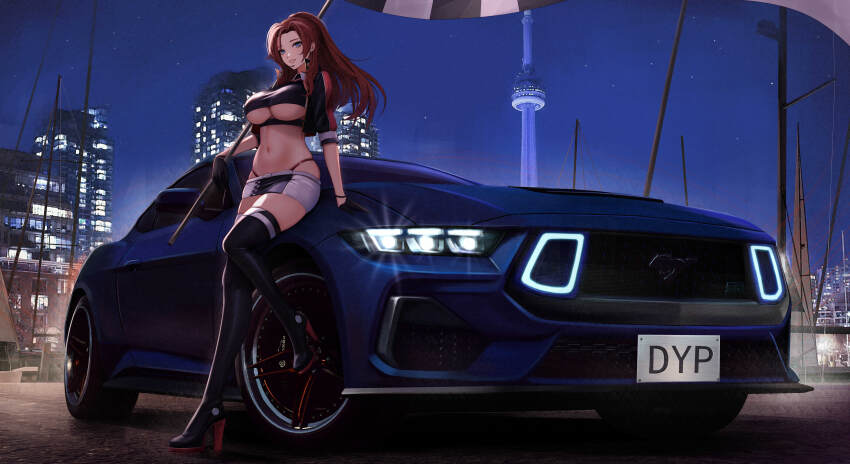 1girl absurdres black_pantyhose blue_eyes breasts brown_hair building car checkered_flag cropped_jacket flag ford_mustang ford_mustang_s650 full_body high_heels highres holding holding_flag kcar66t leotard long_hair looking_at_viewer miniskirt motor_vehicle multicolored_leotard night original pantyhose ponytail race_queen race_vehicle racecar scenery shrug_(clothing) skirt smile solo sports_car two-tone_leotard underboob