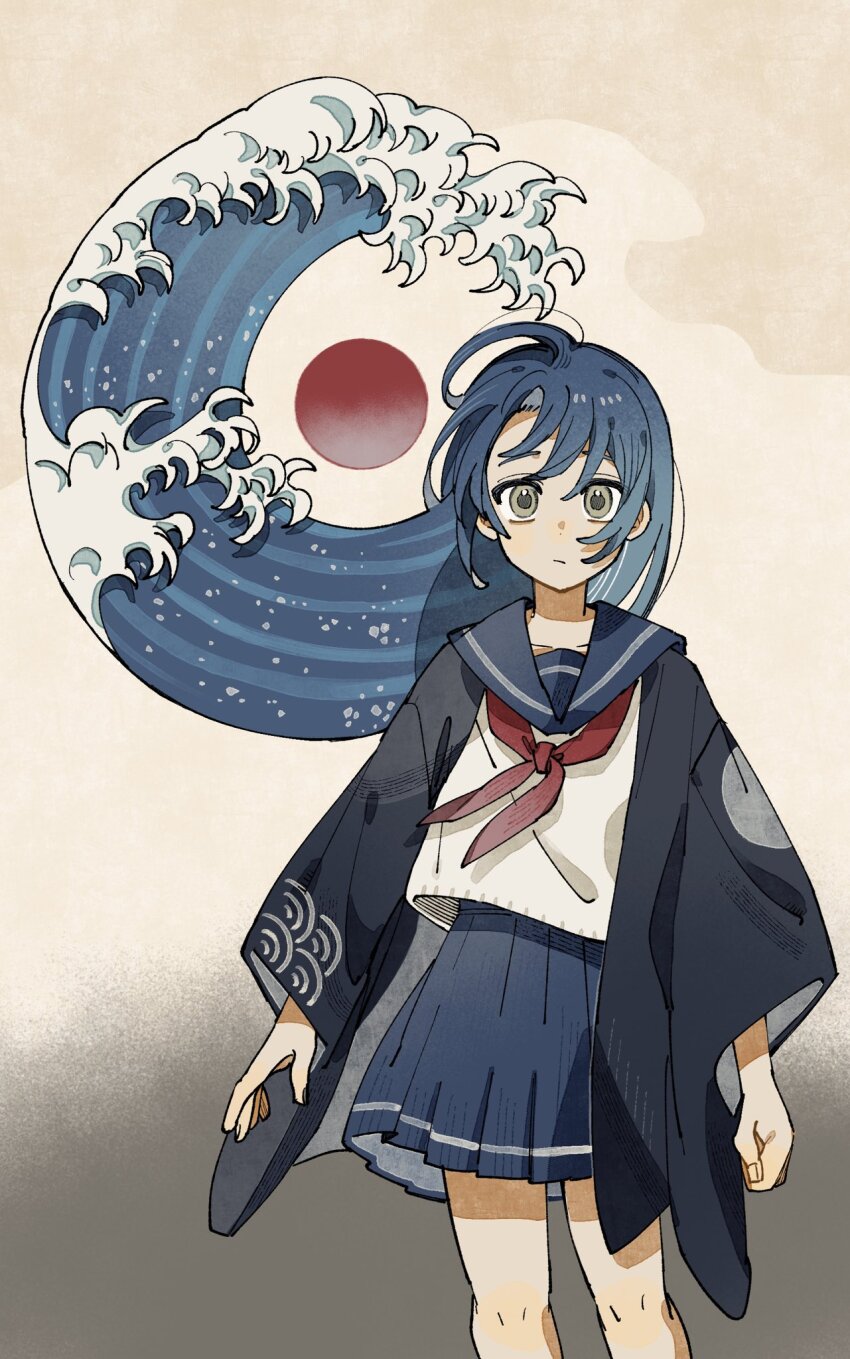 1girl blue_coat blue_hair blue_sailor_collar blue_skirt coat collarbone commentary fine_art_parody highres kanagawa_okinami_ura liquid_hair long_hair looking_at_viewer nanase_(nanataroo_7) neckerchief open_clothes open_coat original parody print_coat red_neckerchief sailor_collar school_uniform seigaiha serafuku shirt skirt solo standing waving white_shirt
