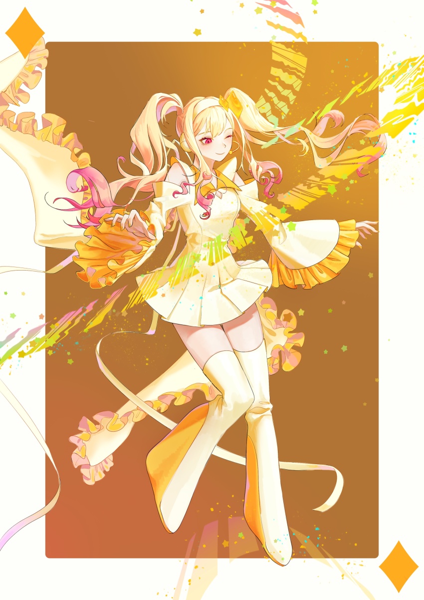 1girl absurdres amulet_dia amulet_dia_(cosplay) bare_shoulders blonde_hair boots closed_mouth commentary_request cosplay diamond_(shape) diamond_hair_ornament dress frilled_sleeves frills full_body hairband highres hinamori_amu hinamori_amu_(cosplay) korean_commentary long_hair long_sleeves microphone one_eye_closed pink_eyes project_sekai shugo_chara! sidelocks smile solo szztzzs tenma_saki thigh_boots white_dress white_hairband wide_sleeves yellow_boots