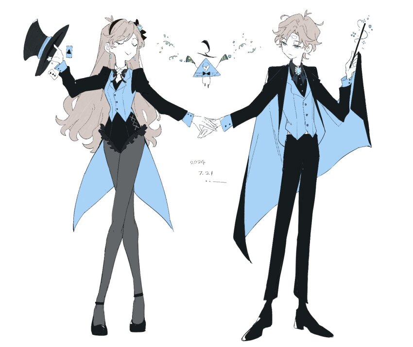 1girl 2boys big_dipper bill_cipher black_bow black_bowtie black_hairband black_pants black_pantyhose blue_eyes blue_gemstone blue_vest bow bowtie brother_and_sister brown_hair cape chinese_commentary closed_eyes coat coattails commentary dated dipper_gleeful dipper_pines earrings facial_mark forehead_mark full_body gem gravity_falls hairband hat highres holding holding_unworn_clothes holding_unworn_hat holding_wand izm_ovo jewelry long_hair long_sleeves mabel_gleeful mabel_pines multiple_boys pants pantyhose party_popper reverse_falls_(gravity_falls) short_hair siblings smile top_hat twins two-sided_cape two-sided_coat two-sided_fabric unworn_hat unworn_headwear very_long_hair vest wand will_cipher