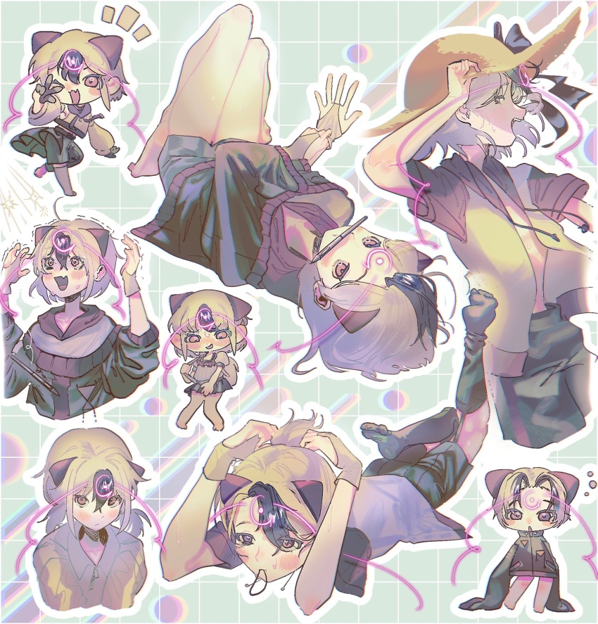 1girl arms_up barefoot black_hair black_shorts black_skirt black_socks blush brown_eyes character_request chibi copyright_request fang garter_straps grey_hair highres kneehighs long_sleeves looking_at_viewer multicolored_hair one_eye_closed open_mouth ow12714 pleated_skirt short_hair shorts skin_fang skirt sleeves_past_fingers sleeves_past_wrists smile socks solo stylus sweat teeth tongue two-tone_hair upper_teeth_only v v_over_eye zipper zipper_pull_tab