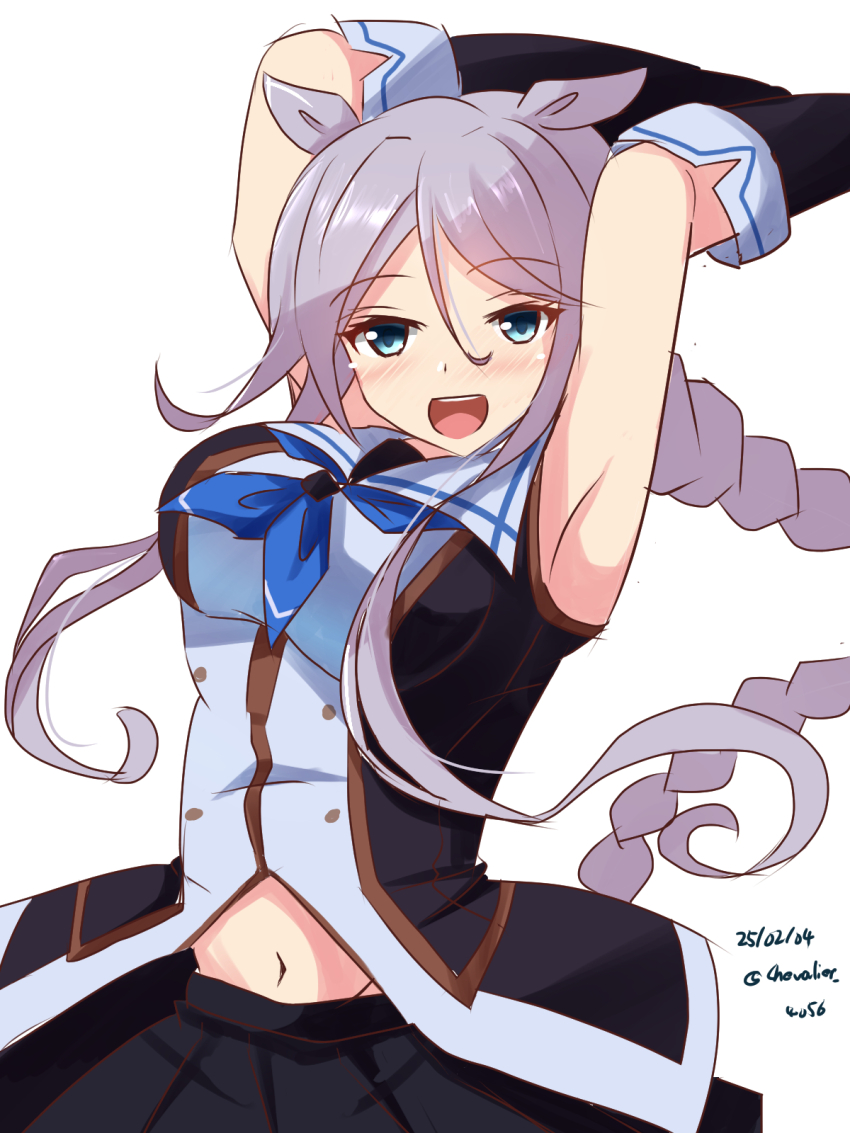 1girl armpits arms_up black_gloves black_skirt blue_eyes blue_neckerchief blush braid breasts dated elbow_gloves gloves grey_hair hair_flaps highres kantai_collection long_hair medium_breasts mole mole_under_eye navel neckerchief sawatani_(chevalier_04056) school_uniform serafuku shirt single_braid skirt solo twitter_username umikaze_(kancolle) umikaze_kai_ni_(kancolle) very_long_hair