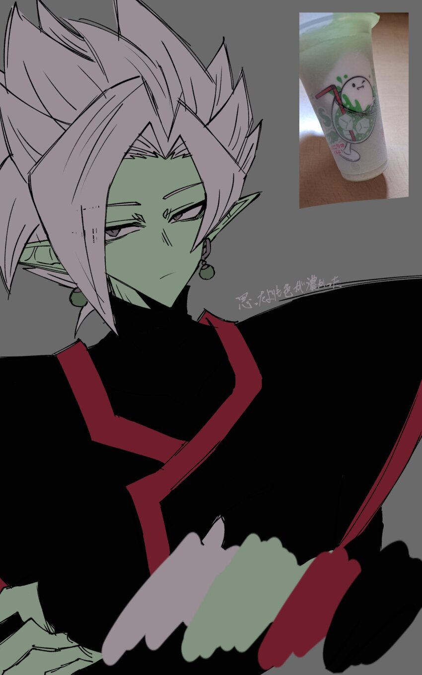 1boy black_bodysuit bodysuit colored_skin crossed_arms dragon_ball dragon_ball_super earrings expressionless fused_zamasu green_skin grey_eyes highres jewelry long_sleeves looking_to_the_side pointy_ears potara_earrings solo spiked_hair v621 white_hair
