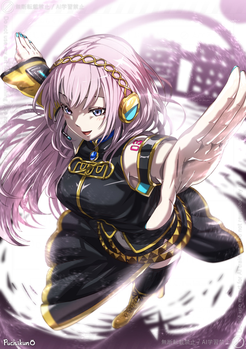 1girl anniversary arm_tattoo artist_name black_skirt black_thighhighs blue_brooch blue_nails blurry blurry_background blush boots breasts character_name detached_sleeves double_lariat_(vocaloid) from_above headset highres large_breasts megurine_luka number_tattoo open_mouth pink_hair pink_theme puchikun purple_eyes single_detached_sleeve skirt solo tattoo thighhighs vocaloid yellow_boots yellow_sleeves