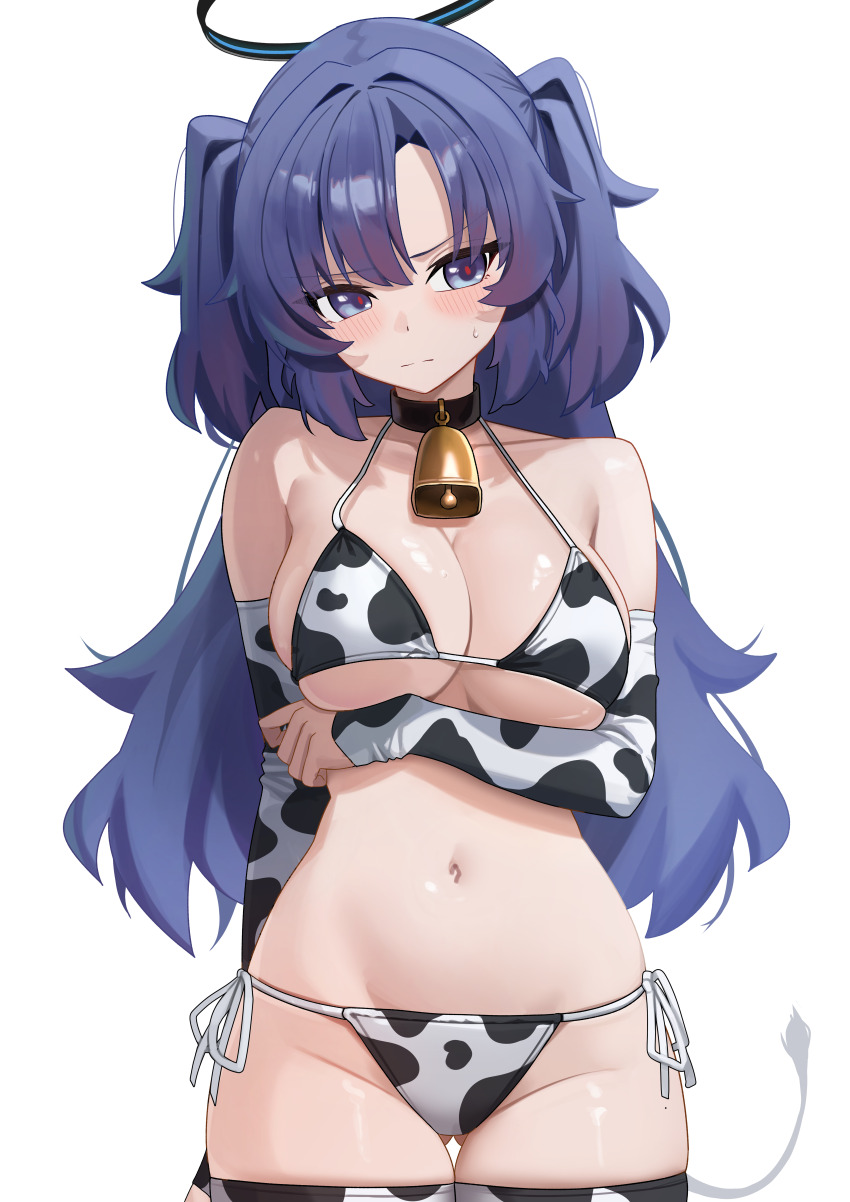 1girl absurdres alternate_costume animal_print bell bikini blue_archive blush breasts cow_print cow_print_bikini cow_print_sleeves cow_print_thighhighs cow_tail cowboy_shot groin halo halterneck highres large_breasts long_hair mcbox neck_bell print_bikini print_thighhighs purple_eyes purple_hair side-tie_bikini_bottom simple_background solo sweatdrop swimsuit tail thigh_gap thighhighs two_side_up very_long_hair white_background yuuka_(blue_archive)