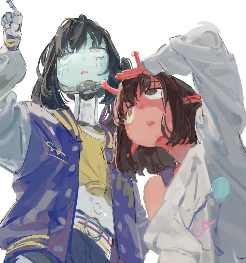 2girls alien android antennae brown_hair chiharu_(milky_highway) colored_skin crop_top from_below highres jacket jersey letterman_jacket makina_(milky_highway) mechanical_hands midriff milky_highway multiple_girls off-shoulder_sweater off_shoulder pointy_ears red_skin robot_girl simple_background sweater tkrkve43 white_background