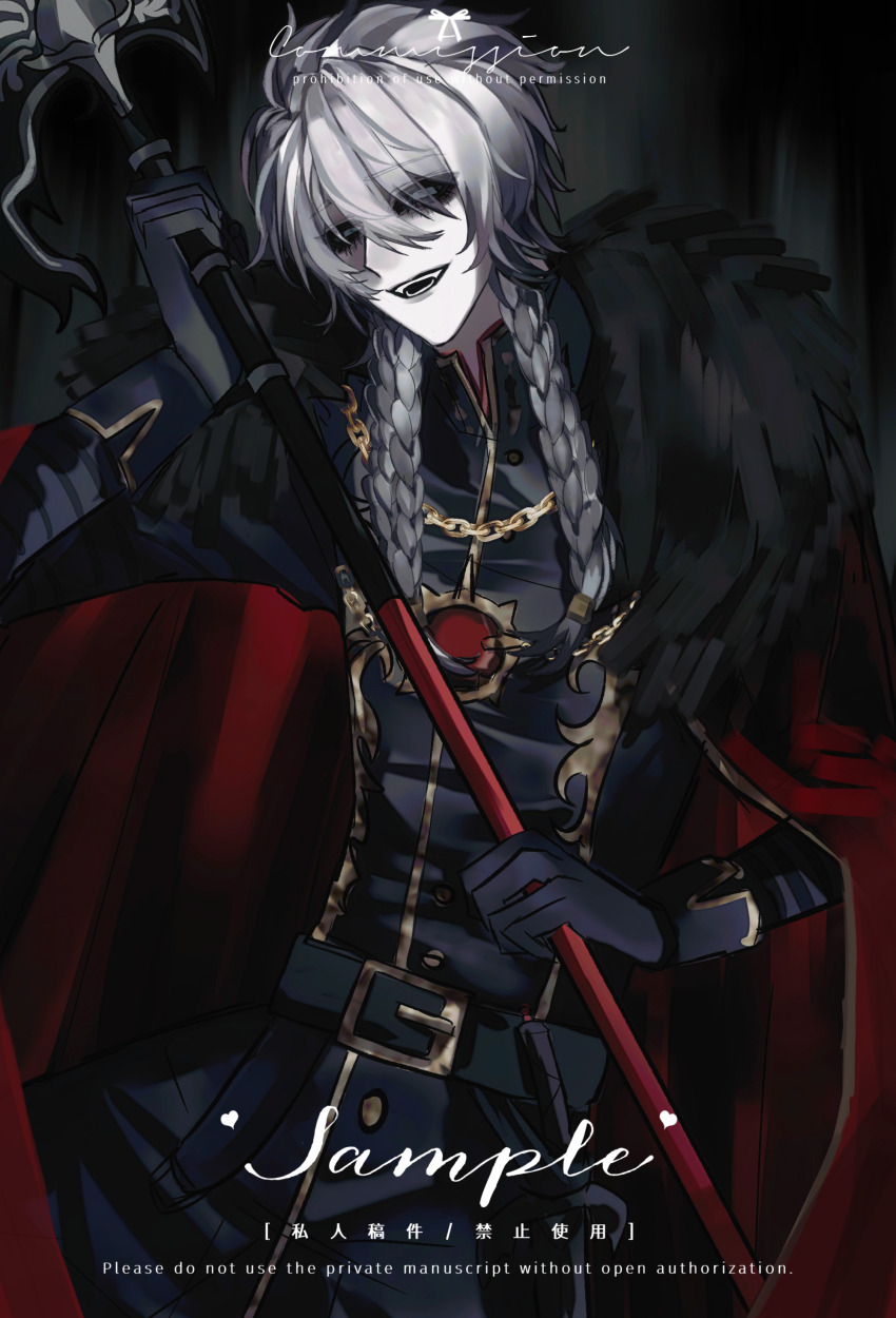 1boy absurdres belt belt_buckle black_belt black_gloves black_jacket black_sclera buckle cape chain chain_necklace chinese_commentary colored_sclera commentary_request fangs gloves gold_trim grey_eyes hair_between_eyes highres holding holding_weapon identity_v ithaqua_(identity_v) ithaqua_(morningstar)_(identity_v) jacket jewelry long_hair long_sleeves male_focus moyu_shuang necklace open_mouth pale_skin quad_braids red_cape sample_watermark smile solo upper_body watermark weapon white_hair
