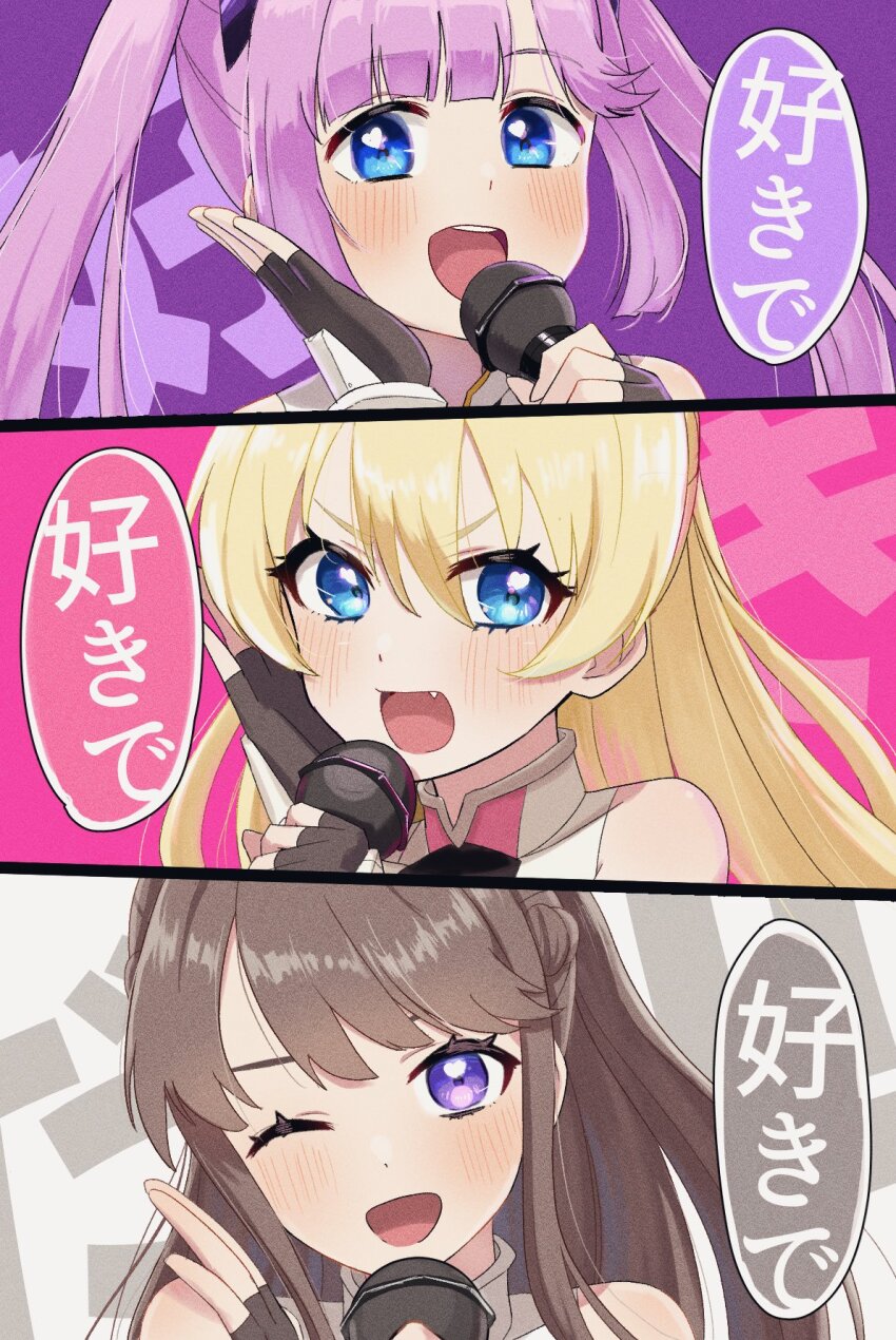 3girls :d ;d anyoji_hime black_gloves blonde_hair blue_eyes blunt_bangs braid brown_hair column_lineup commentary_request daikuro_(adddaik) fanfare!!!_(love_live!) fang fingerless_gloves fujishima_megumi gloves half_up_braid headpiece heart heart_in_eye highres holding holding_microphone link!_like!_love_live! long_hair looking_at_viewer love_live! microphone mira-cra_park! multiple_girls official_alternate_costume one_eye_closed open_mouth osawa_rurino pink_hair ponytail purple_eyes sidelocks smile swept_bangs symbol_in_eye teeth twintails upper_teeth_only v-shaped_eyebrows virtual_youtuber
