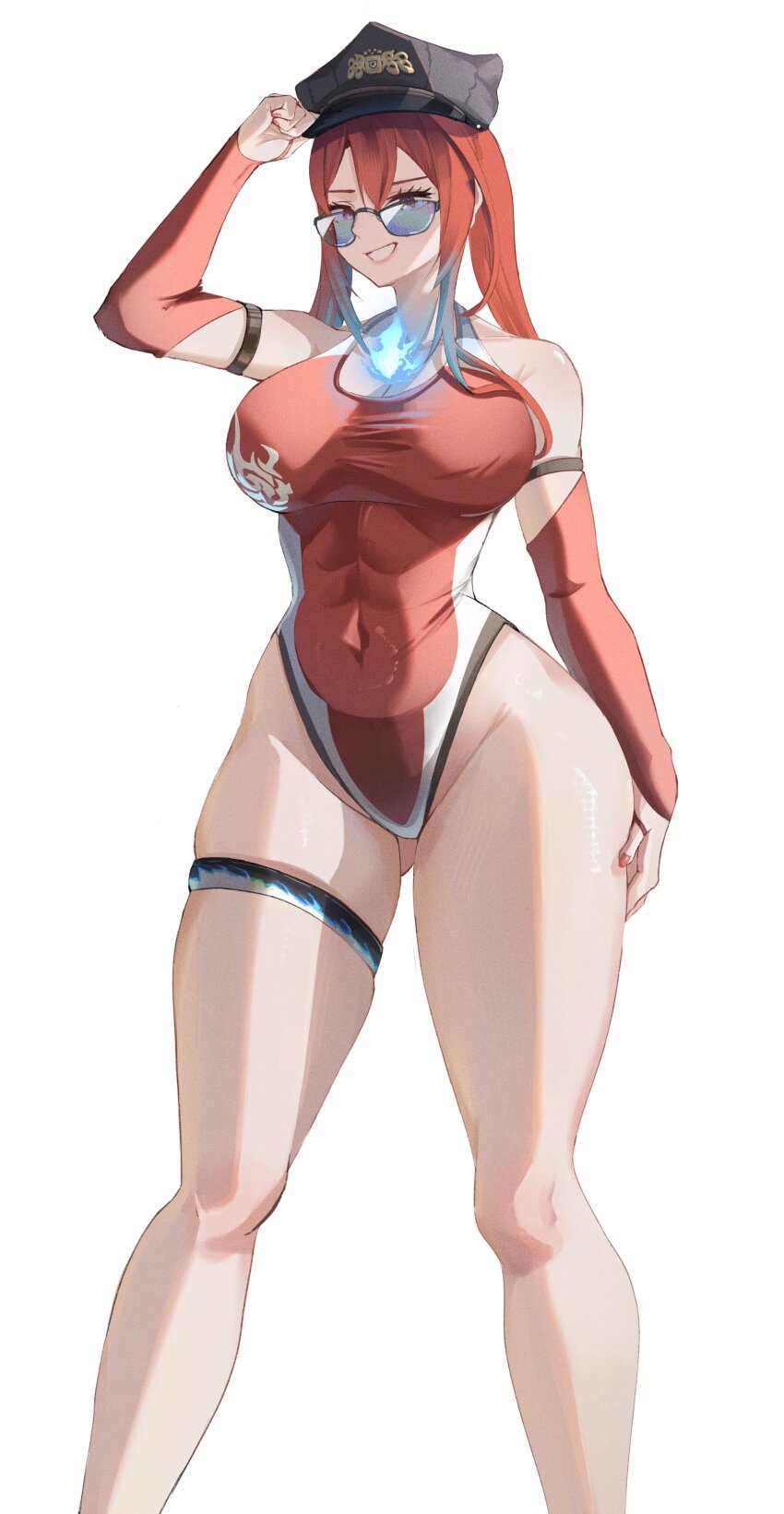 1girl abs absurdres blue_fire blue_hair breasts bridal_gauntlets competition_swimsuit covered_navel elizabeth_rose_bloodflame fire fire_on_chest harikyon_dzs hat highres hololive hololive_english large_breasts long_hair multicolored_hair one-piece_swimsuit peaked_cap red_hair red_nails solo sunglasses swimsuit two-tone_hair virtual_youtuber