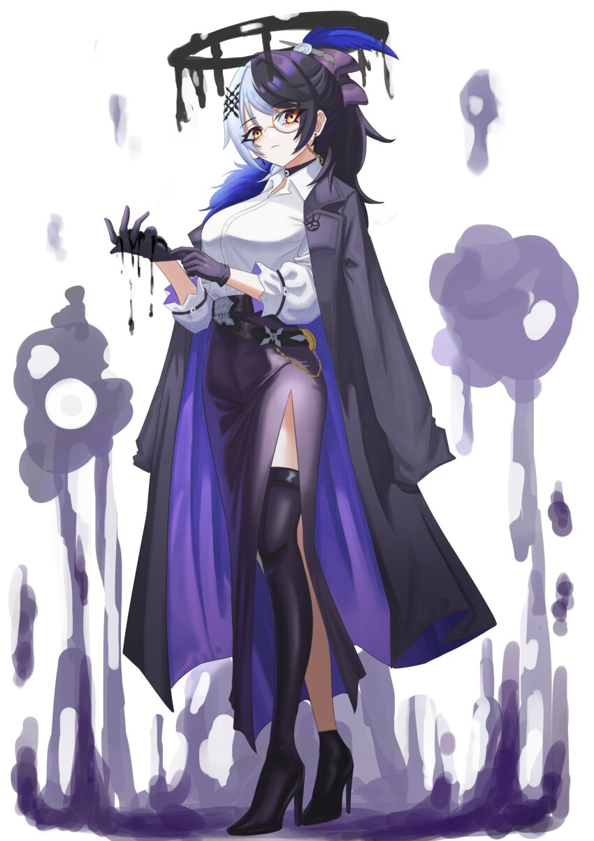 1girl absurdres adjusting_clothes adjusting_gloves alternate_costume black_choker black_coat black_gloves black_hair black_halo black_skirt boots choker closed_mouth coat coat_on_shoulders collared_shirt gloves halo high_heel_boots high_heels highres hololive hololive_english liquid_halo monocle multicolored_hair shiori_novella shirt side_slit single_thigh_boot skirt slime_(substance) solo split-color_hair thigh_boots two-tone_hair virtual_youtuber white_hair white_shirt yellow_eyes yorn_(yor_n)