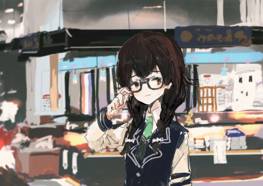 1girl adjusting_eyewear black_jacket blazer blurry blurry_background blush bow braid brown_eyes brown_hair cevio collared_shirt commentary_request frown glasses green_necktie green_sweater grocery_store hair_bow hair_over_shoulder hanakuma_chifuyu hand_up highres indoors jacket kabuyama_kaigi long_hair long_sleeves looking_at_viewer low_twin_braids multicolored_jacket multiple_hair_bows necktie nervous parted_lips school_uniform shirt small_sweatdrop solo sweater synthesizer_v twin_braids two-tone_jacket white_bow white_shirt white_sleeves