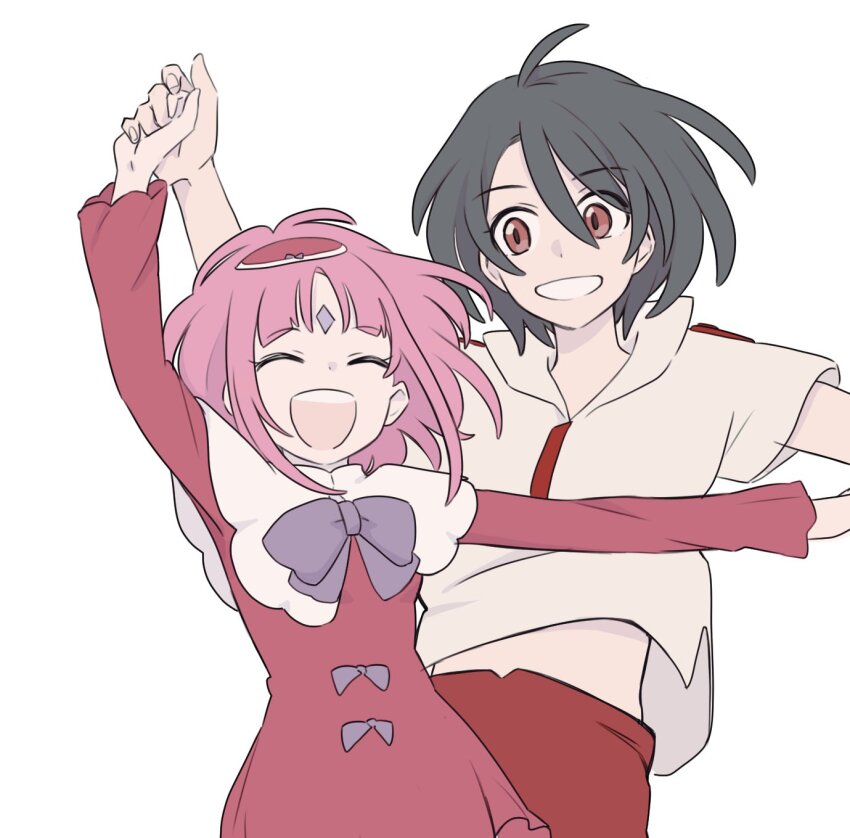 1boy 1girl bellri_zenam black_hair closed_eyes couple dress facial_mark forehead_mark gundam gundam_g_no_reconguista hair_between_eyes hair_ornament hetero highres holding_hands noredo_nug open_mouth pink_hair red_dress red_eyes sbr_ghn shirt short_hair simple_background smile upper_body white_background