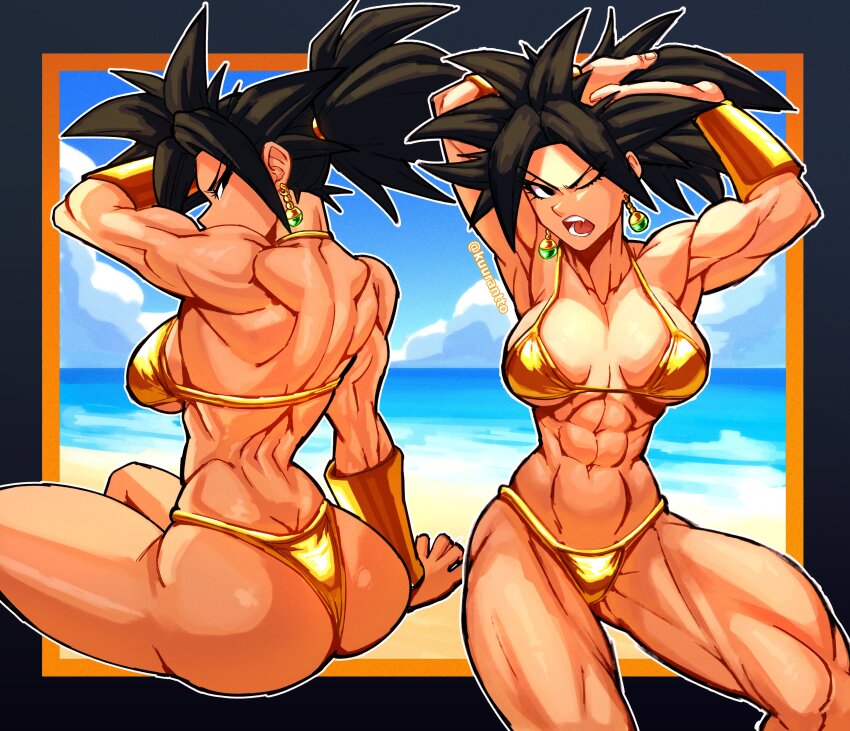 1girl abs absurdres ass back bikini breasts collarbone dragon_ball dragon_ball_super earrings gold_bikini highres jewelry kefla_(dragon_ball) kuurantto large_breasts long_hair looking_at_viewer muscular muscular_female navel potara_earrings solo spiked_hair swimsuit