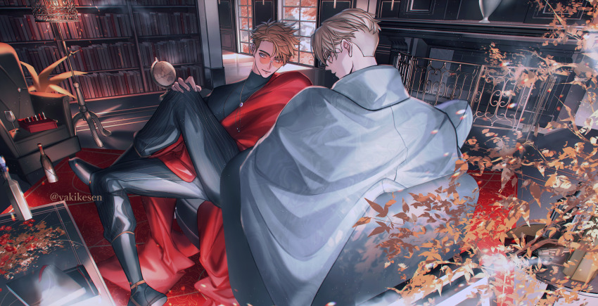 2boys absurdres bishop_(chess) black_pants blue_eyes book bookshelf bottle brothers chess_piece crossed_legs cup drinking_glass fireplace globe gun handgun highres indoors king_(chess) knight_(chess) looking_back millions_knives multiple_boys orange-tinted_eyewear pants pawn_(chess) queen_(chess) rook_(chess) siblings smile tinted_eyewear trigun undercut vash_the_stampede weapon wine_bottle wine_glass yakikesen