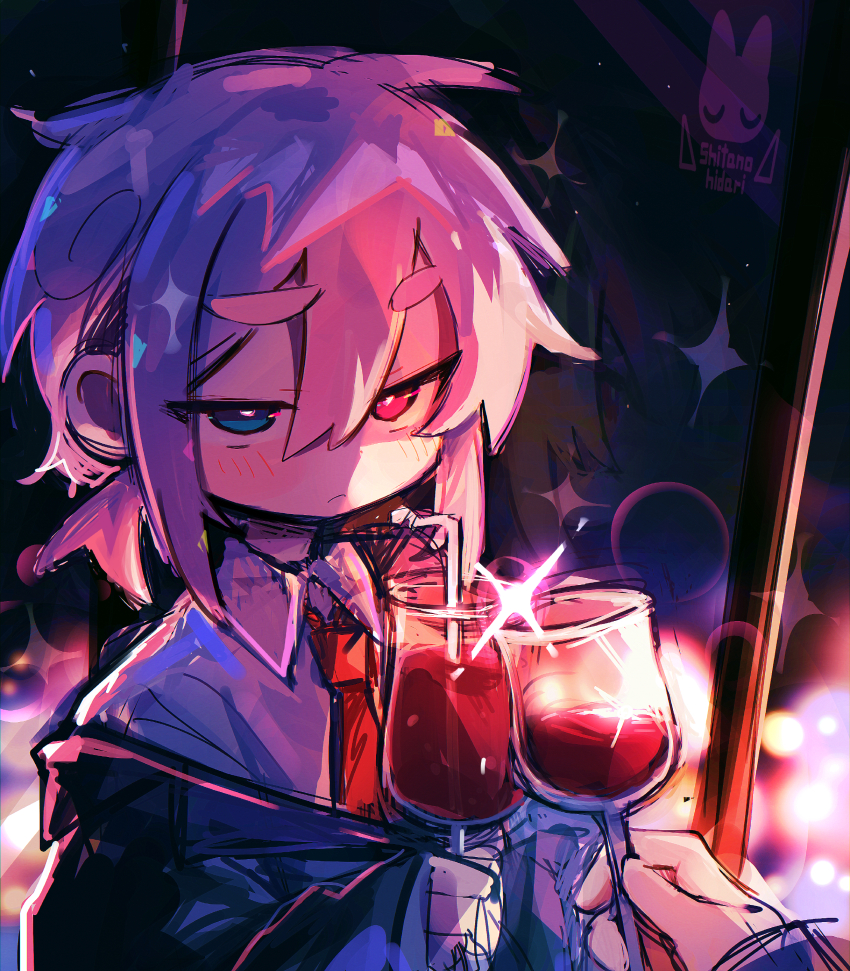1boy absurdres alcohol artist_logo black_jacket blue_eyes bright_pupils closed_mouth commentary_request cup drinking_glass drinking_straw hair_between_eyes heterochromia highres holding holding_cup jacket logo long_sleeves male_focus necktie night original pink_hair raito-kun_(uenomigi) red_eyes red_necktie reflection shirt short_hair solo_focus sparkle tsurime uenomigi upper_body white_pupils white_shirt window wine wine_glass